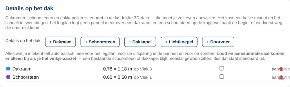 De detailkaart. Lood en aansluitmateriaal komen er alleen bij als je het vinkje aanzet.