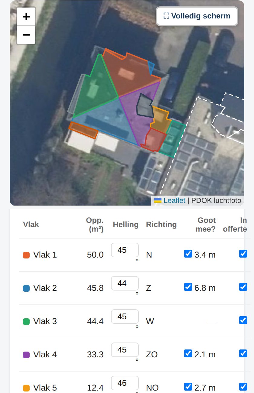 Voorbeeld van een dakmeting in DakMeter: dakvlakken op de luchtfoto met oppervlakte, helling en gootlengte per dakvlak